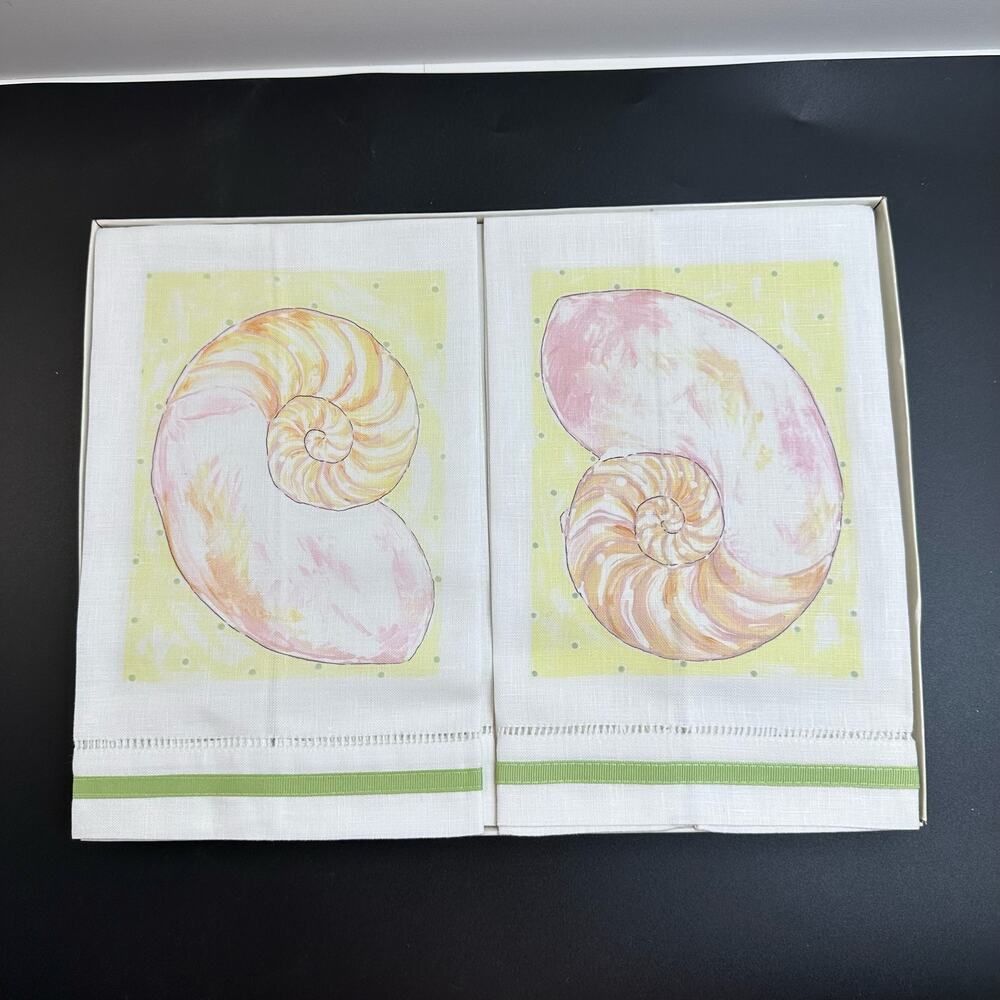 Linen Hand Painted Shell Hand Towels Set of 2